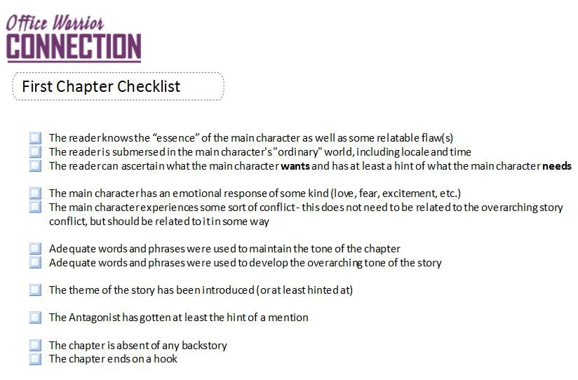 Sample page showing what items you can put on the First Chapter Checklist page