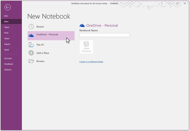 Microsoft OneNote New Notebook screen shot