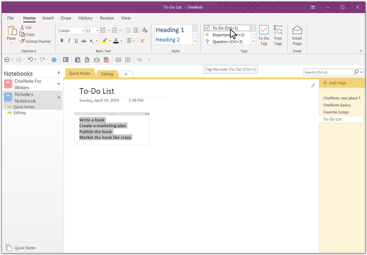 Microsoft OneNote screenshot for creating a checklist