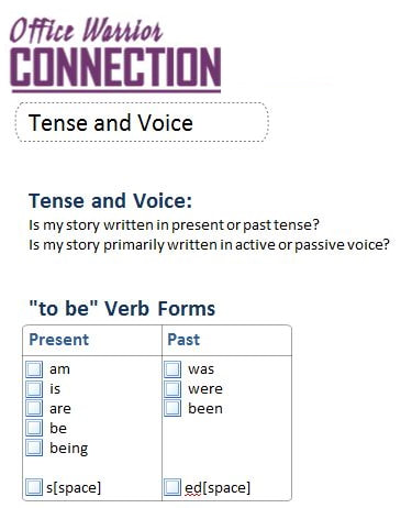 Sample page showing what items you can put on the Tense and Voice page