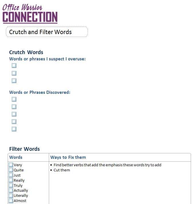 Sample page showing what items you can put on the Crutch and Filter Words page
