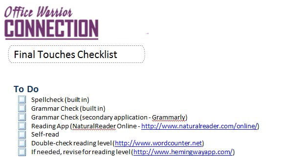 Sample page showing what items you can put on the Final Touches Checklist page