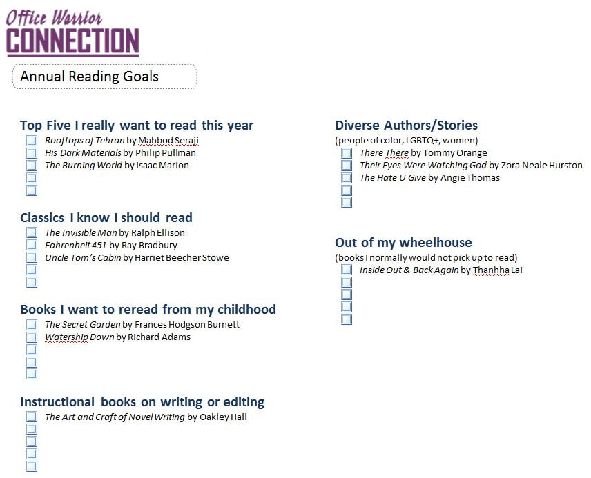 Sample page showing how to track annual reading goals