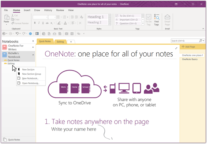 Microsoft OneNote Screenshot to create new section
