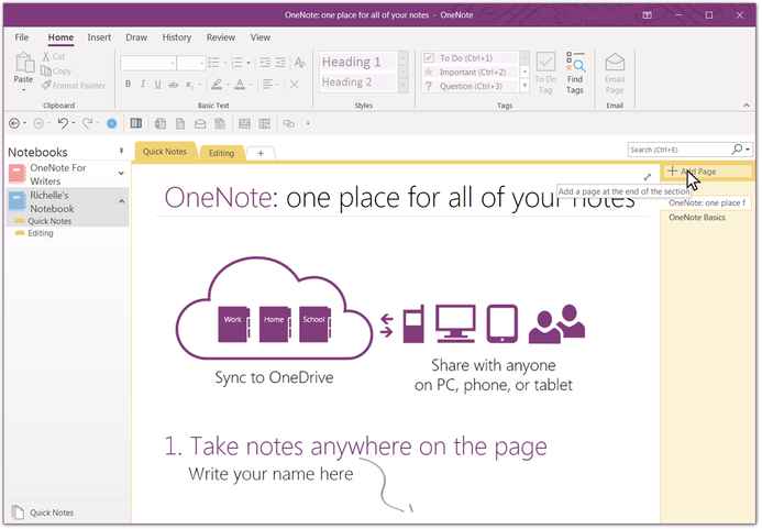 Microsoft OneNote screenshot to add a page