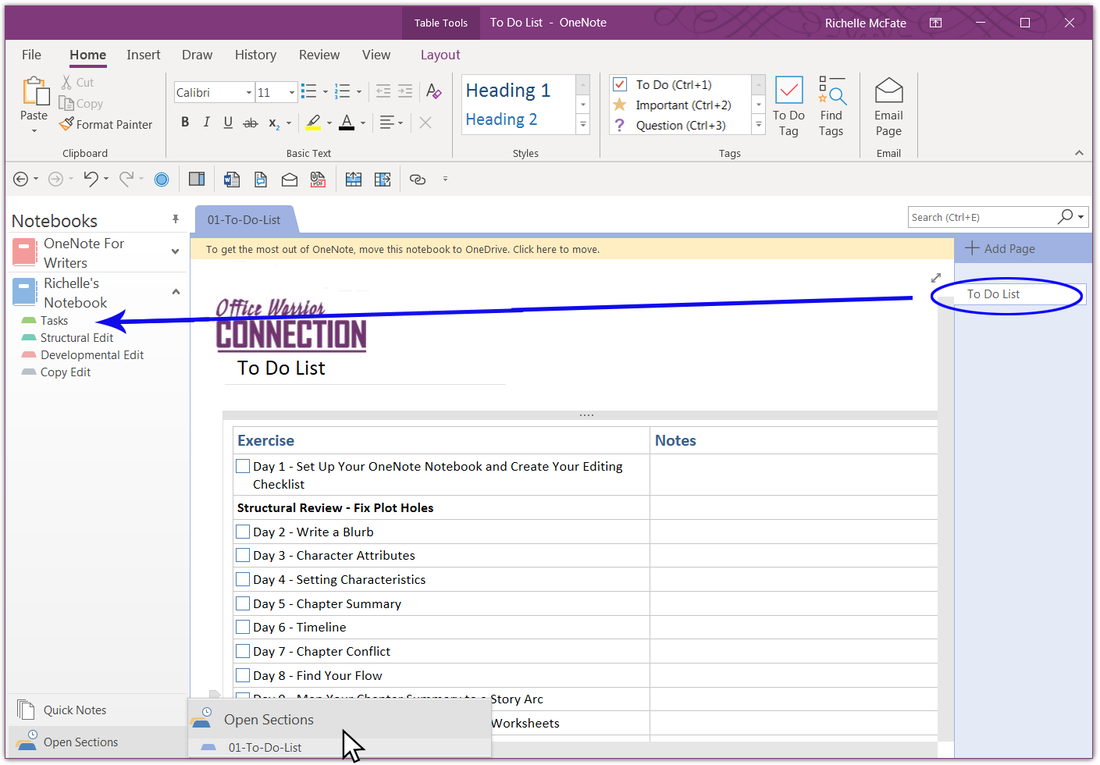 Sample page showing how to move pages in a OneNote notebook